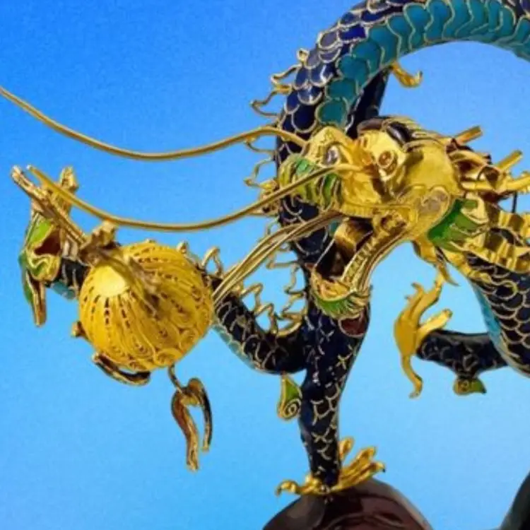 Vintage Cloisonné Dragon Figurine On Wood Stand Blue/Teal/Green Enamel on Metal Filigree Ball Rhinestone Eyes Mythical/Fantasy
8” T x 7.5” L x 2” W (base)