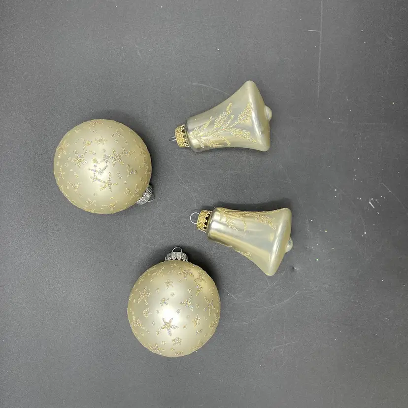 Lot of 4 Krebs Blown Glass Champagne Colored Glittered Christmas Ornaments Bells