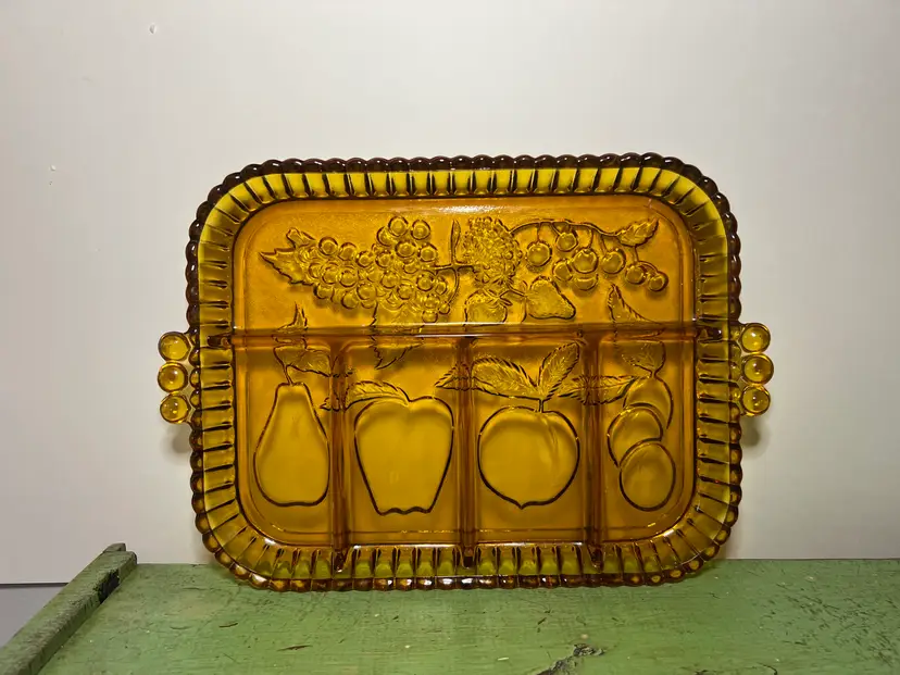 Vintage Indiana Glass Co (USA) 'Fruits' in Amber, 5-Part Relish Dish. 1970s Amber Glass Serving Tray