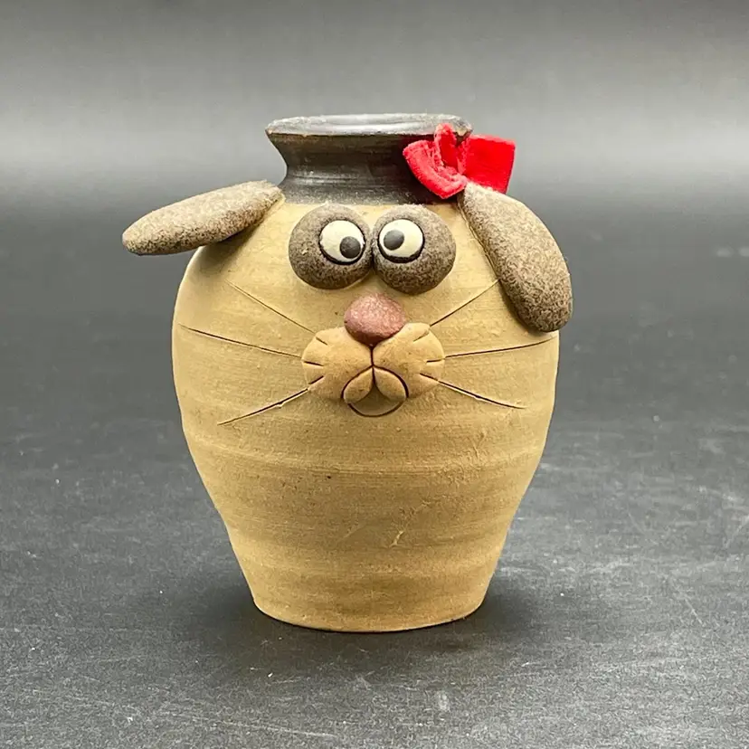 Studio Pottery Cat Dog Animal Face Miniature Planter Vase Urn Brown