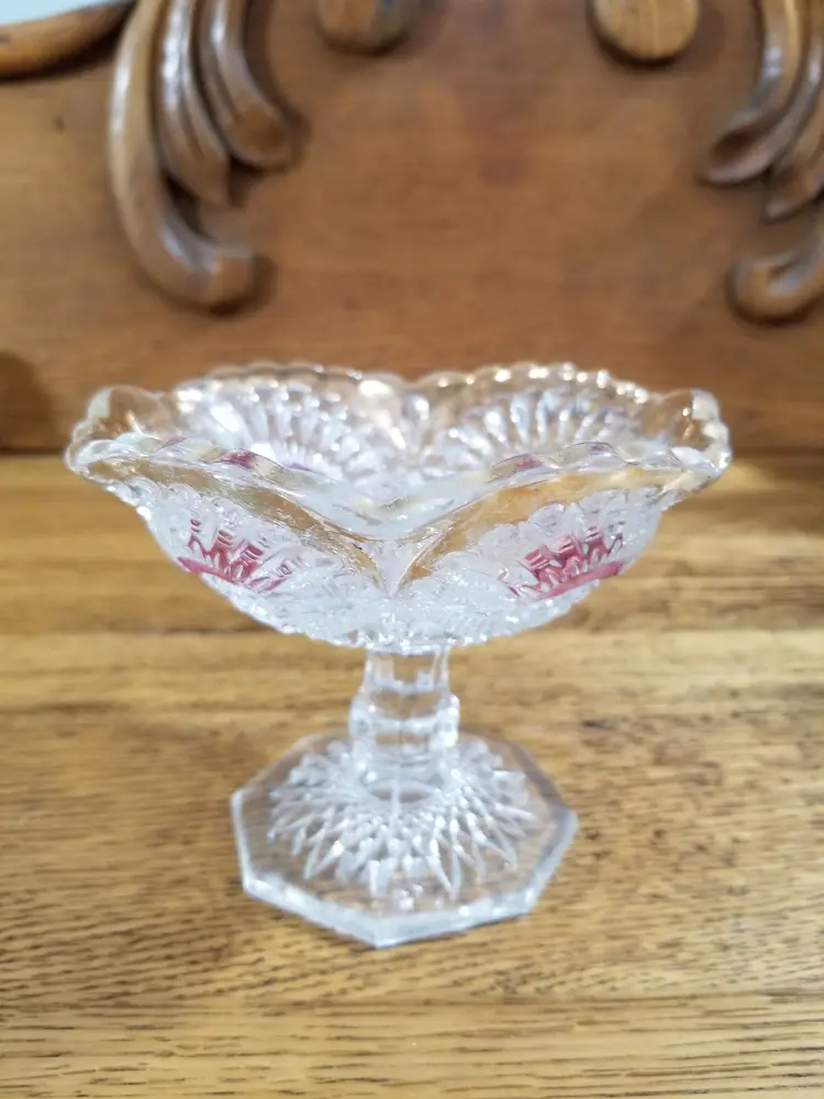 Antique EAPG Pedestal Sherbet Dish Ruby Stain Daisy Sunburst c1890