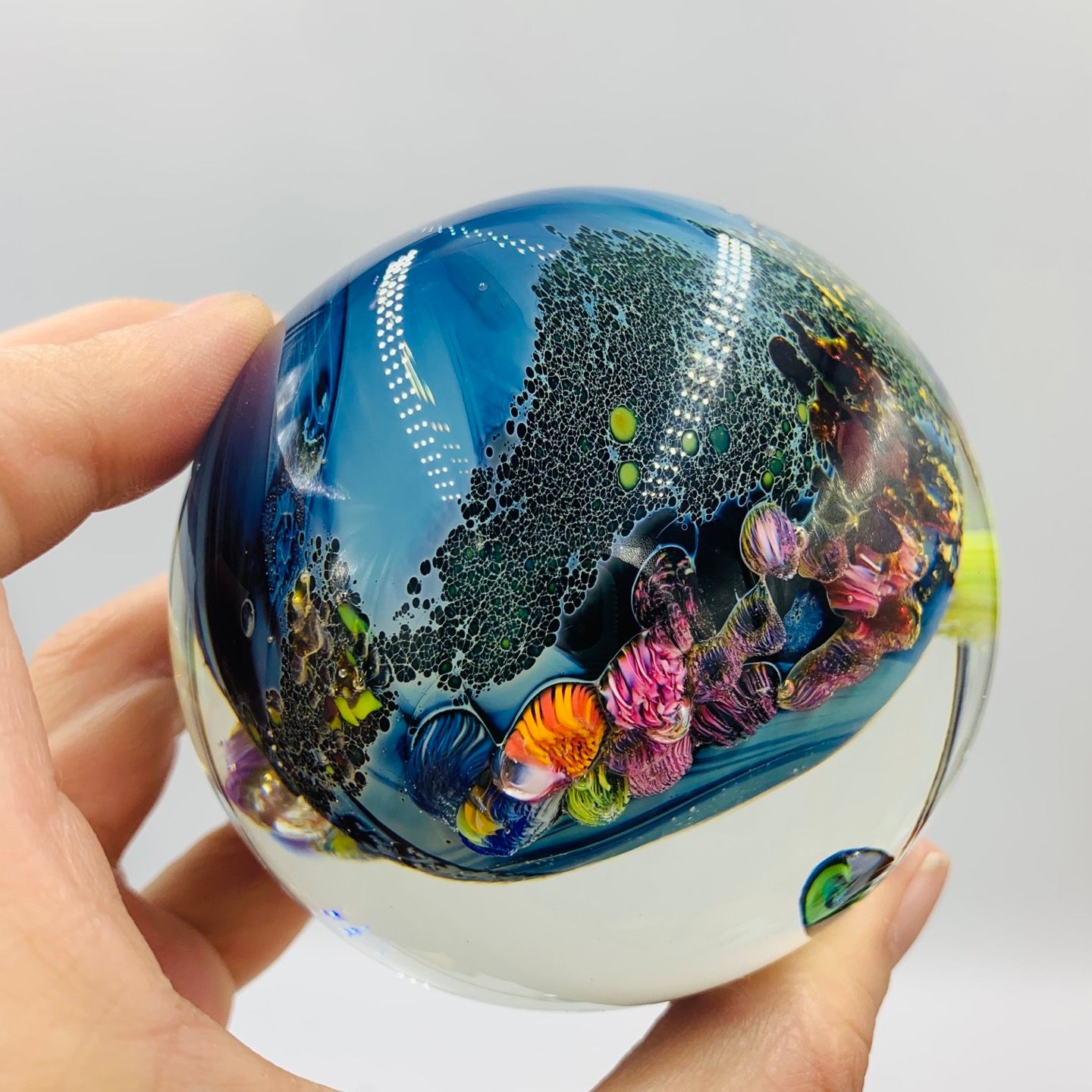 Josh Simpson Aquatic Paperweight Glass Marble 3” With Lucite Stand