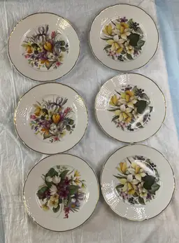 #01 St. Martin Email de Limoges 7” plates, 6 plates and three patterns. All marked the same.