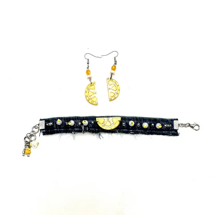 Lemon Yellow White Beaded Denim Bracelet And Matching Earrings Made By Me Silver Tone 8.5”L Adjustable