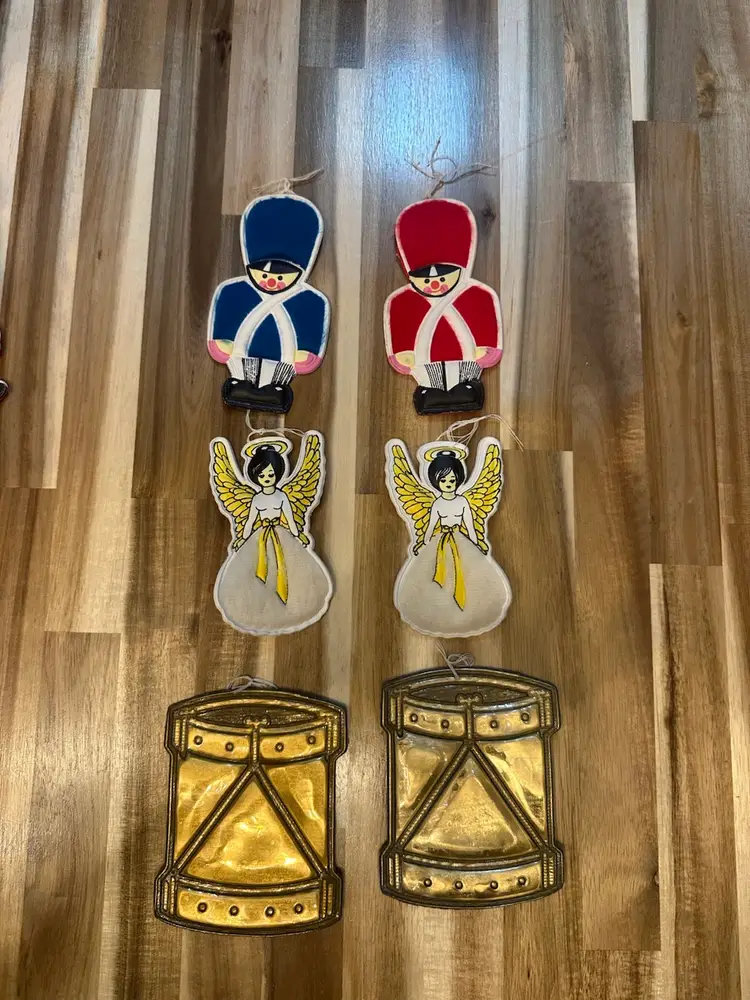 Set Of 6 Vinyl And Felt Christmas Ornaments Angels Toy Soldiers Drums