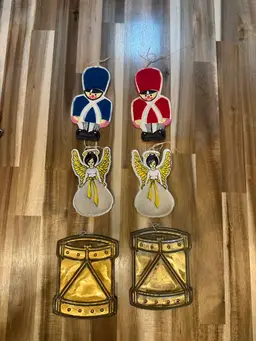 Set Of 6 Vinyl And Felt Christmas Ornaments Angels Toy Soldiers Drums