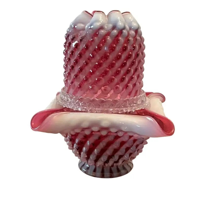 Fenton 3-piece Cranberry Opal Hobnail Spiral Optic Fairy Lamp 7” X 5 1/2”