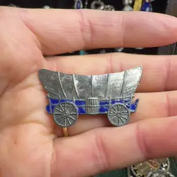 Sterling Silver 1940’s Covered Wagon Brooch w/ Enamel Inlay