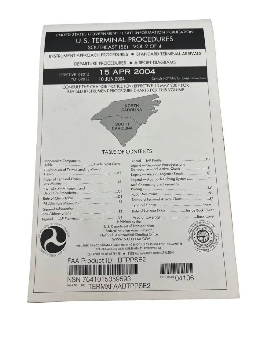 FAA Terminal Procedures Southeast Vol 2 of 4 Apr‑15 2004 North Carolina South Carolina Approach Departure Airport Diagrams Pilot Booklet