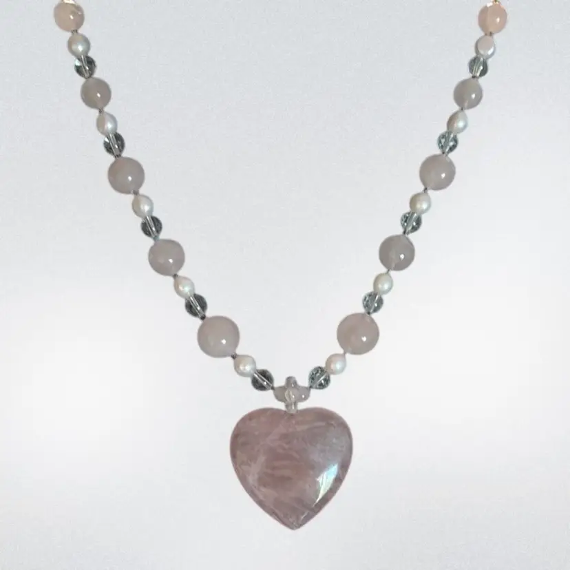 #17 - Pink Quartz Heart Shaped Stone, Chain Is Light Pink And White Pearls And Pink Quartz. Lobster Claw Clasp. Necklace 18” L  1.58” X 1.58”