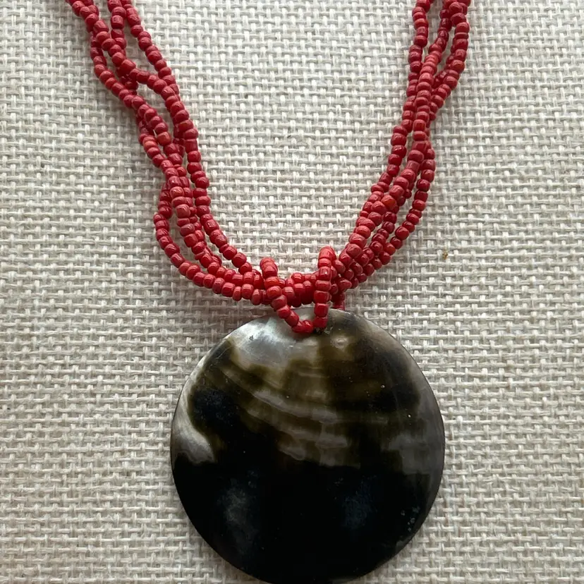 Vintage Red Seed Bead Necklace Reversible Shell Pendant 18” Multi Strand Statement Necklace