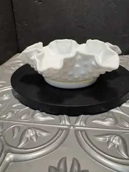 Vintage 1970’s Fenton Hobnail White Milk Glass Ruffled Edge Nut Bowl Candy Dish