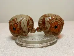 Vintage Pair Salt n Pepper Shakers Pig Figurine Speckled Glaze Flower Motif Asahi Japan