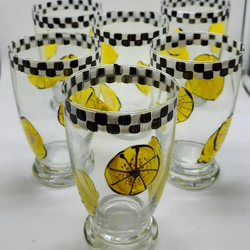 2000 Hand Painted Signed Checkered Lemon Pedestal Iced Tea Lemonade Glasses Set of 6