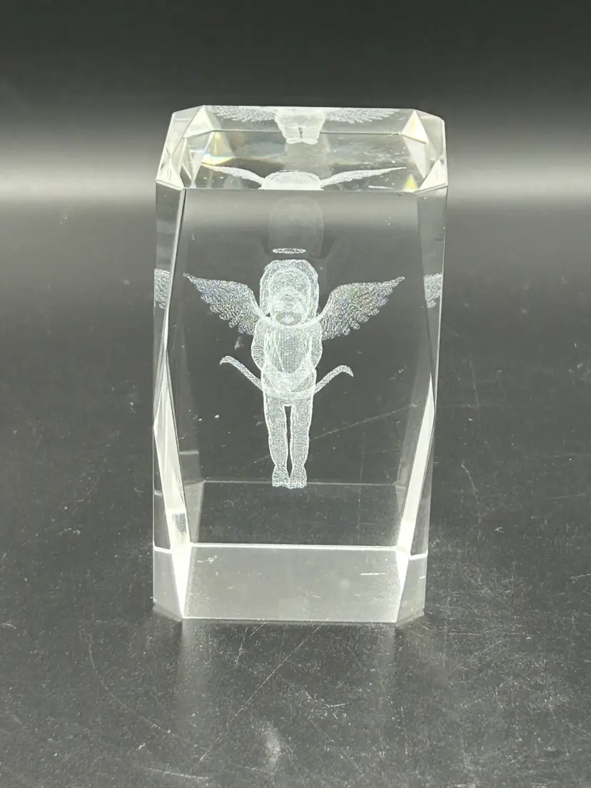 Crystal Clear Glass 3D Laser Etched Hologram Cube Cupid Paperweight