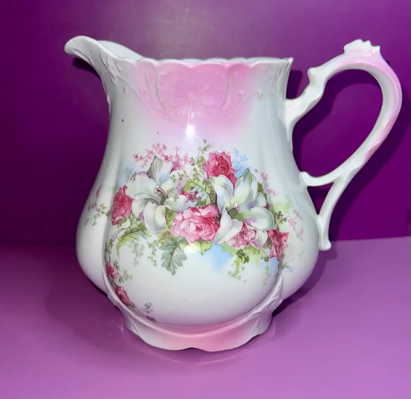 Antique Pink Roses Lillies Porcelain Pitcher Cottage Core