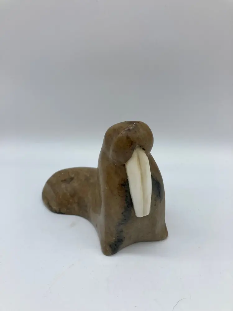 Soapstone Carved Walrus Figurine, Carved White Tooth Walrus Sea Life Stone Figurine