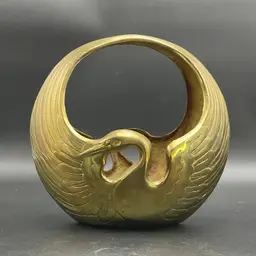 Brass Swan Bird Crane Planter Basket Art Deco Hollywood Regency MCM