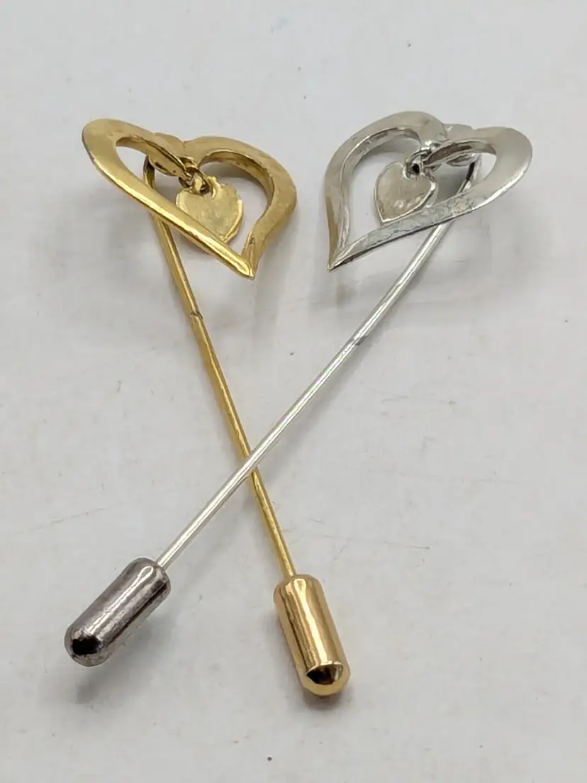 Gold and Silver Tone Pair Heart Stick Pins with Heart Dangles