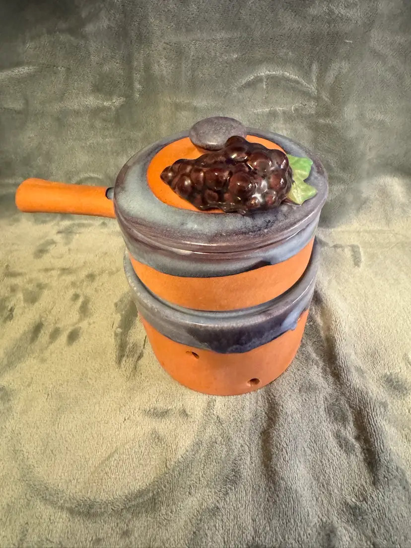 VTG Signed USA Terracotta Art Studio Pottery Dip Fondue Pot Double Boiler Grapes