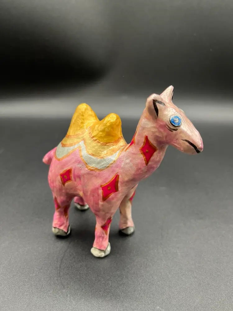 Ukrainian Papier Mache 2001 Folk Art Pink Hand Made Camel Rattle 4.5”