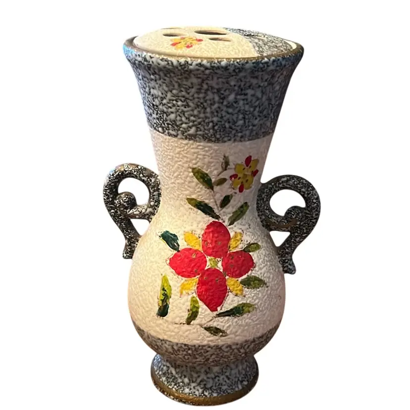 Italian Pebble Lava Splatter Vase w Flower Frog Lid 8”