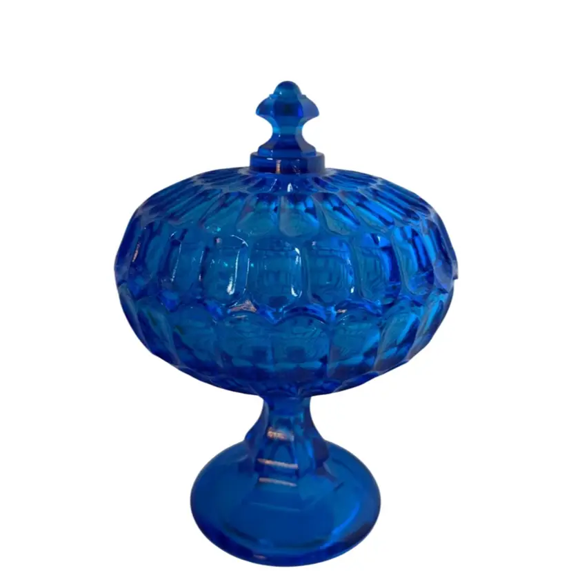 FENTON Colonial Blue Glass Compote/Candy Dish Vintage Thumbprint W/ Lid Footed
10-1/4” T x 7” W