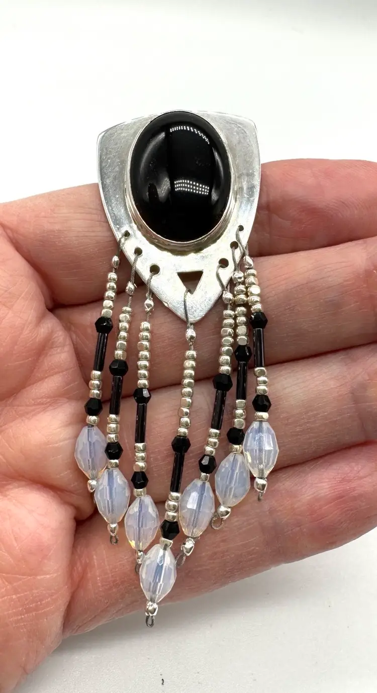 Black Onyx Sterling Silver Pin/ Pendant With Czech Glass Beads, Japanese Seed Beads