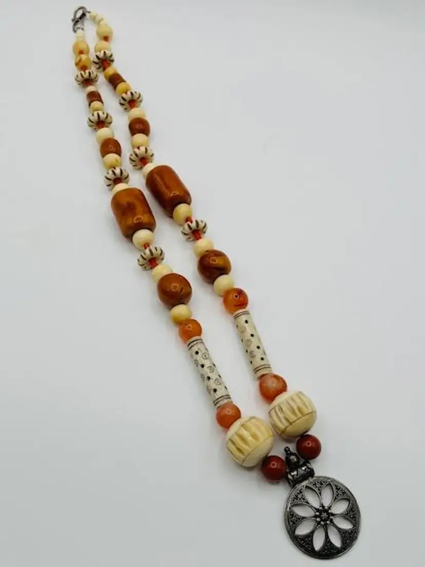 Vintage Natural Carved Beads with Silver Medallion Necklace Marked 925