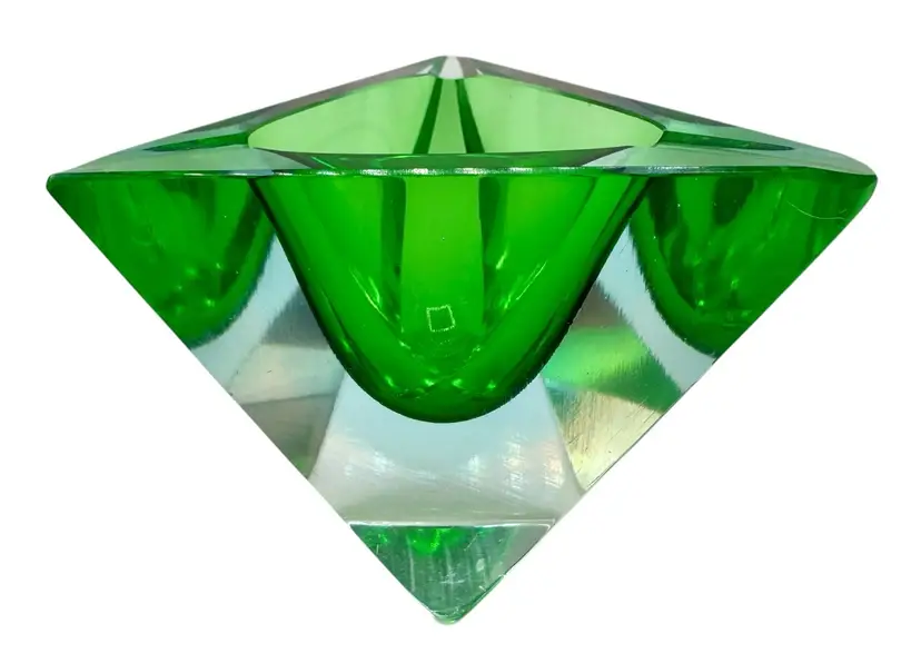 Vintage Murano Sommerso Art Glass Faceted Ashtray Triangle Prism Green READ