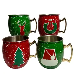 Stainless Steel Holiday Mugs Set Of 4 Thirstystone Moscow Mule  Red & Green Enamel Hat Tree Wreath Reindeer New 20 oz
