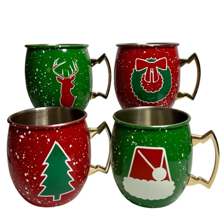Stainless Steel Holiday Mugs Set Of 4 Thirstystone Moscow Mule  Red & Green Enamel Hat Tree Wreath Reindeer New 20 oz
