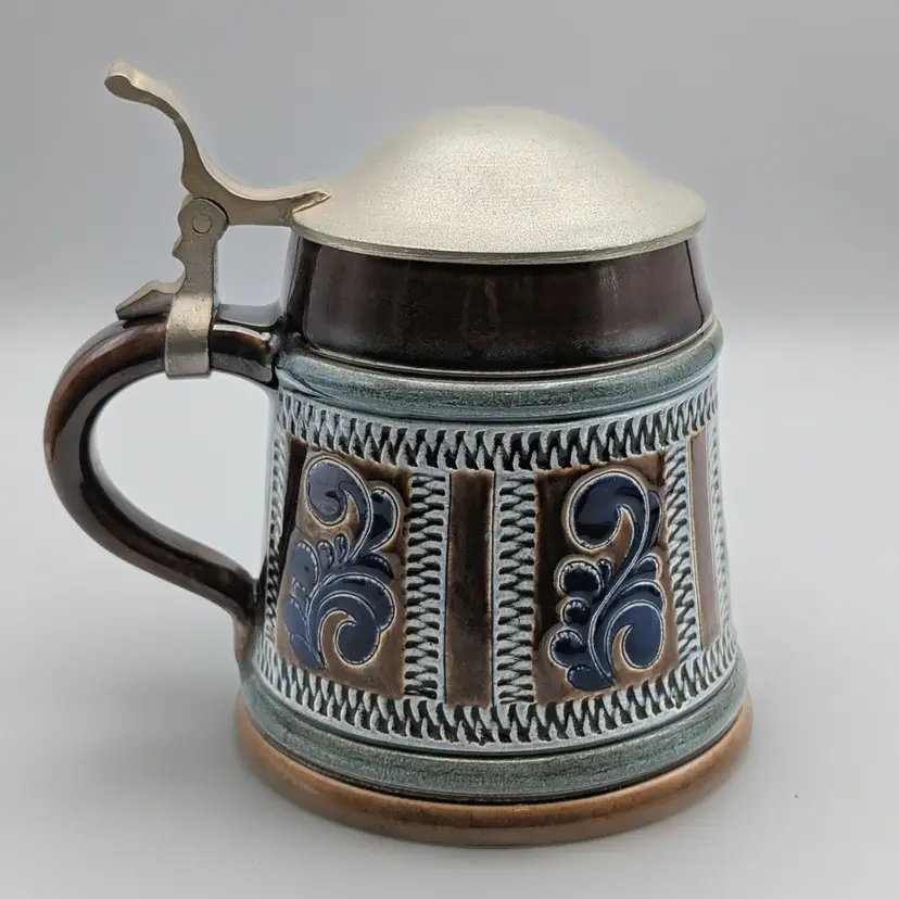 Handarbeit Handmade Brown and Blue Scrollwork Pattern Beer Stein Made In Germany