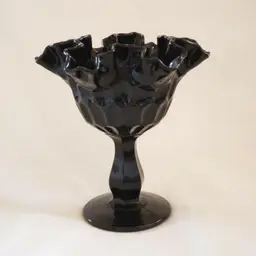 Fenton Glass Thumbprint Black Ruffled Tall Pedestal Compote Bowl 6 1/4" tall approximately