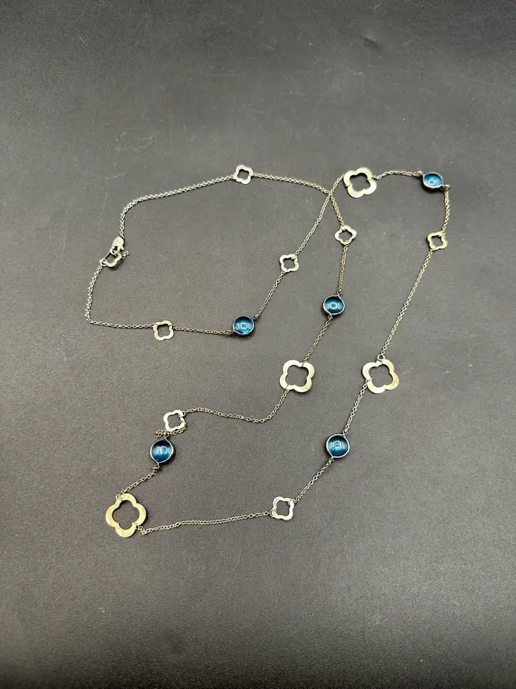 Beautiful Silver Tone Clover & Blue Crystal Layering Necklace, 38”L Unmarked