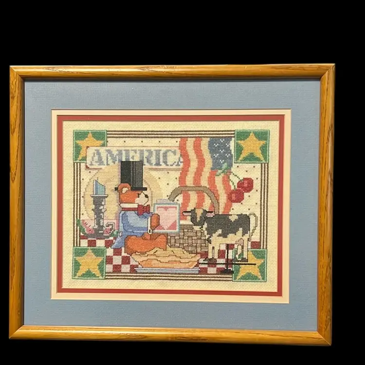 Cross Stitch America Theme, 14x12, Professional Frame, Cottage Core, Americana, Primitive Decor