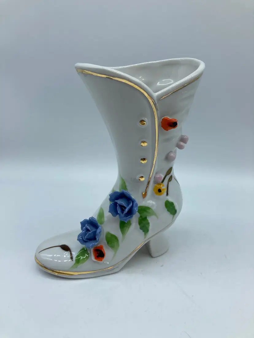 Vintage Porcelain Raised Floral Design White Blue Victorian Boot Vase