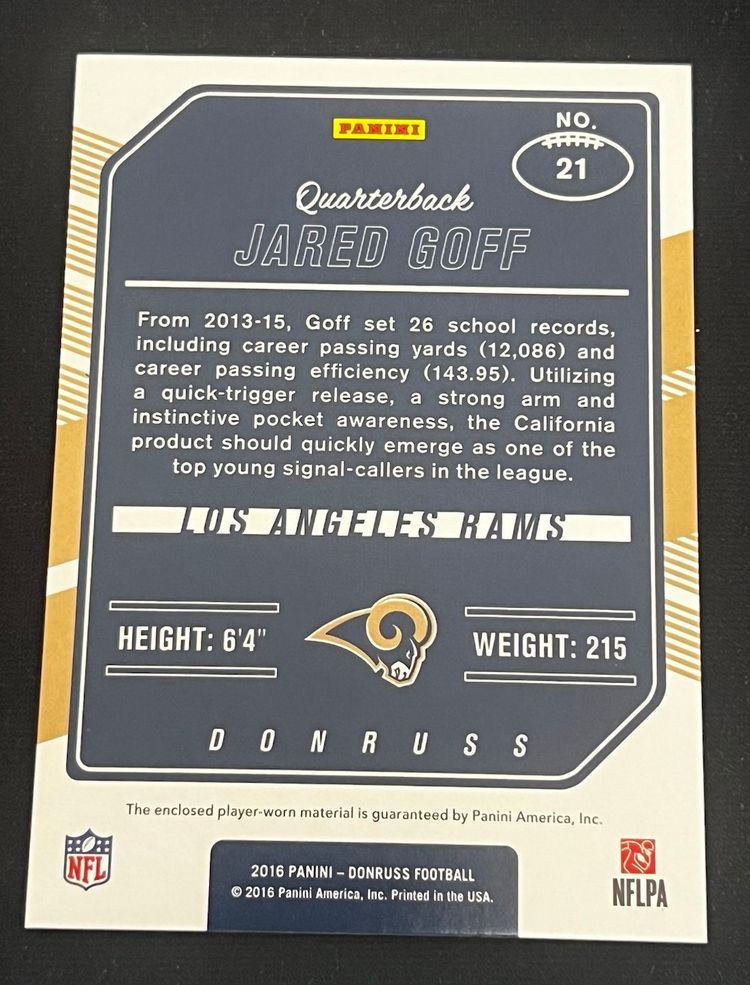 Jared Goff 2016 Donruss Rookie Phenom Jersey Relics Red Foil #21 RC Detroit Lions