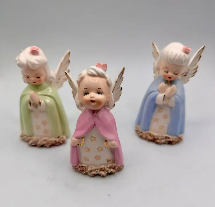 Rare Set of 3 Vtg Porcelain Angels with Spaghetti Trim, Fine A Quality Japan