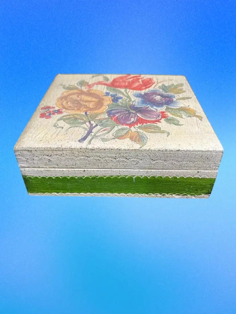 Wooden, Hand Painted & Hinged Wooden Trinket Box-Floral Pattern-Lot 58