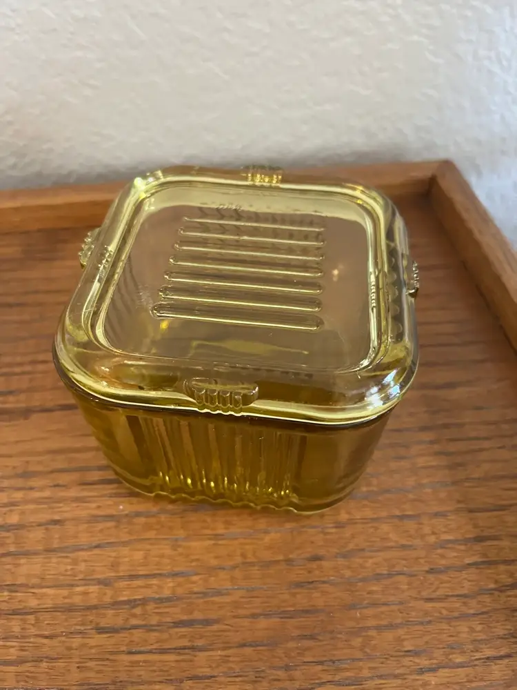 Vintage Amber Federal Glass Square Ribbed Refrigerator Dish With Lid
