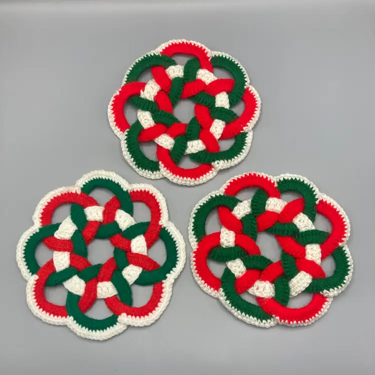 Vintage Handmade Crocheted Christmas Trivets - Set of 3 - 8" across