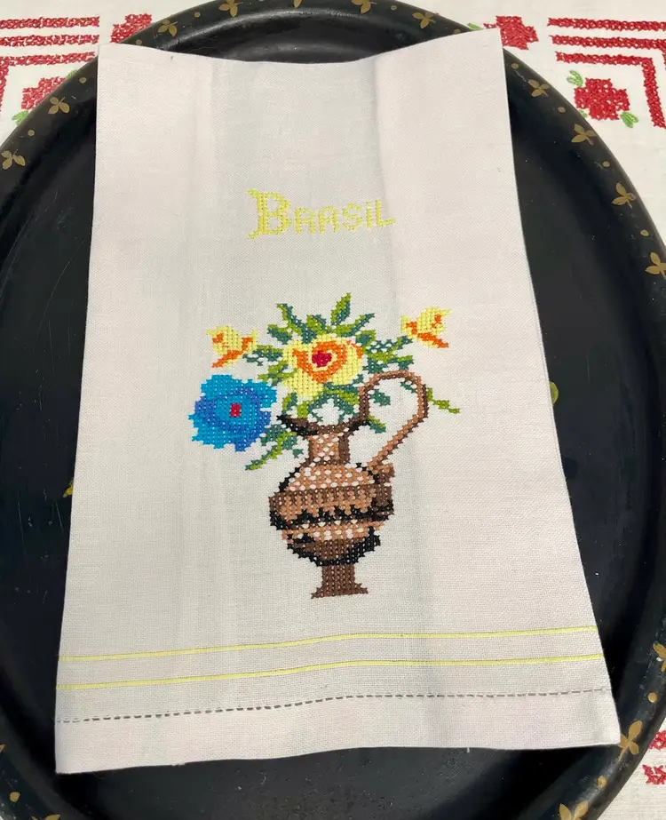 Vintage Hand Cross Stitched Linen Tea Towels Basket Of Flowers Brazil Crocheted Folk Lore Woman Crocheted Skirt