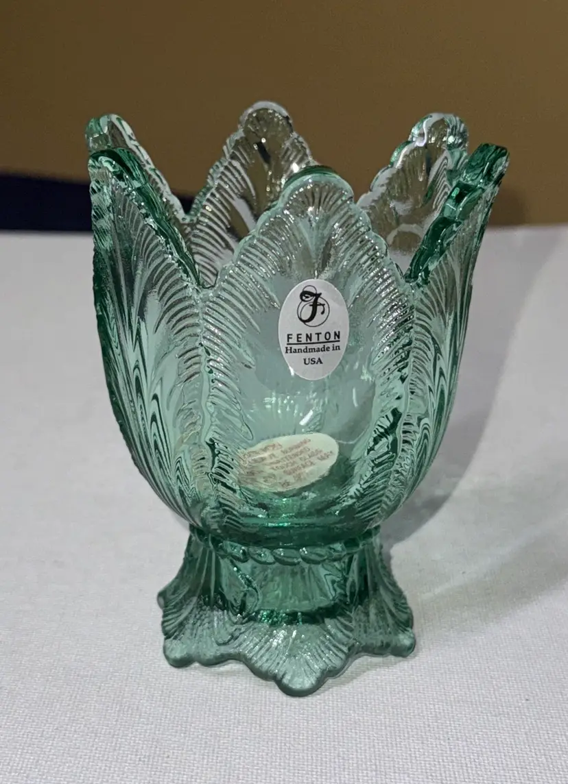 Fenton Floral Glass Candle Holder Green Tulip 4" USA