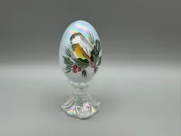 Fenton Pedestal Egg Glass Bird Holly Berry Hand Painted Signed S. Hart 2003