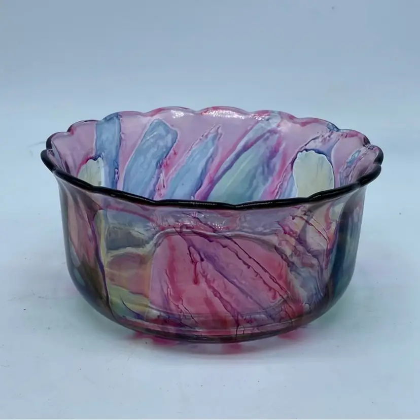 #1201 Rueven art glass bowl with swirling pink, purple, and blue colors.