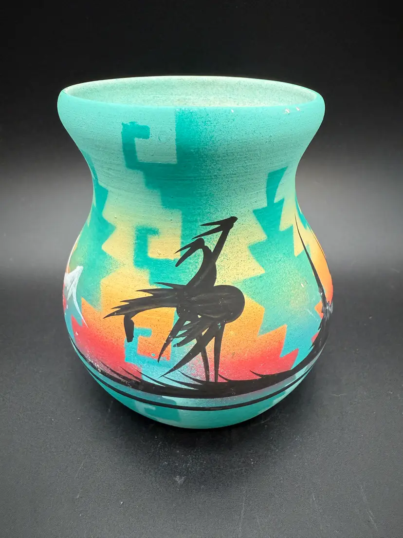 Native American Pottery Vase or Planter signed by Artist with Bird Silhouettes