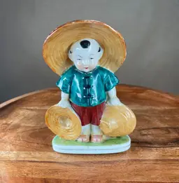 Made in Occupied Japan Ceramic Boy Wearing Bamboo Hat Toothpick Holder
