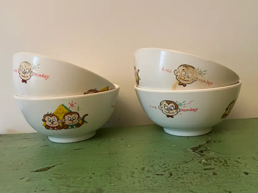 Luck Monkey Vintage Melamine Rice Bowls. Made by Tong Ya. Childrens Dishes.