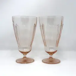 Depression Era Pink Optic Iced Tea Glasses, Footed Pair, 1930s (0025-26)